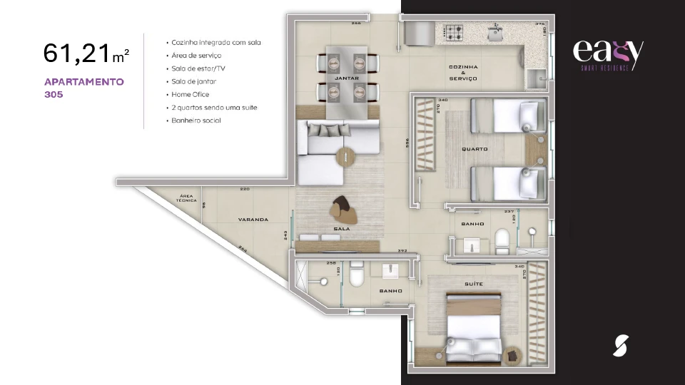 2 Quartos 61,21 m²