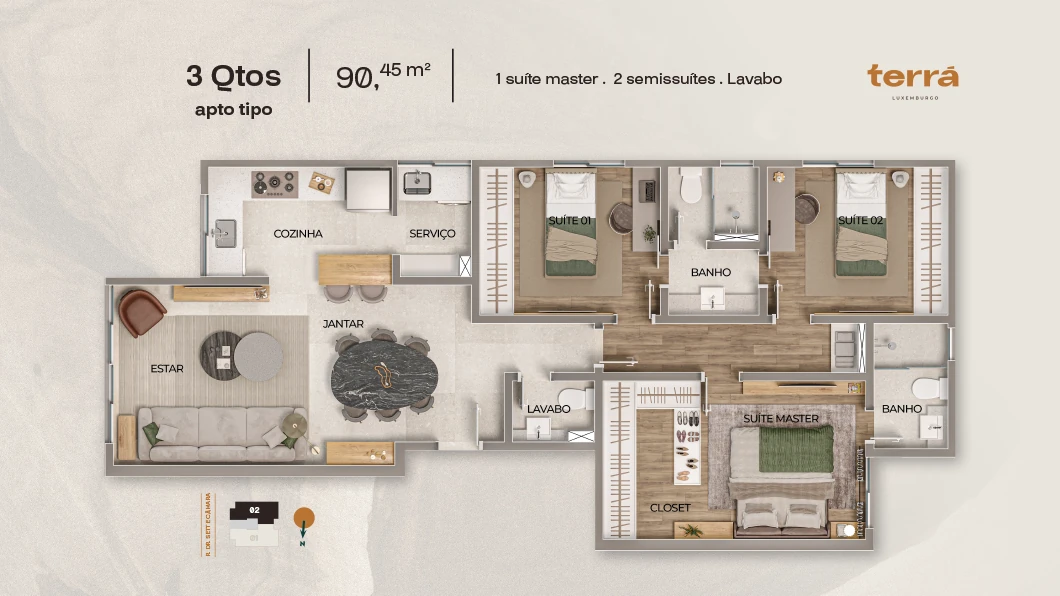 3 Quartos Tipo - 90,45 m²